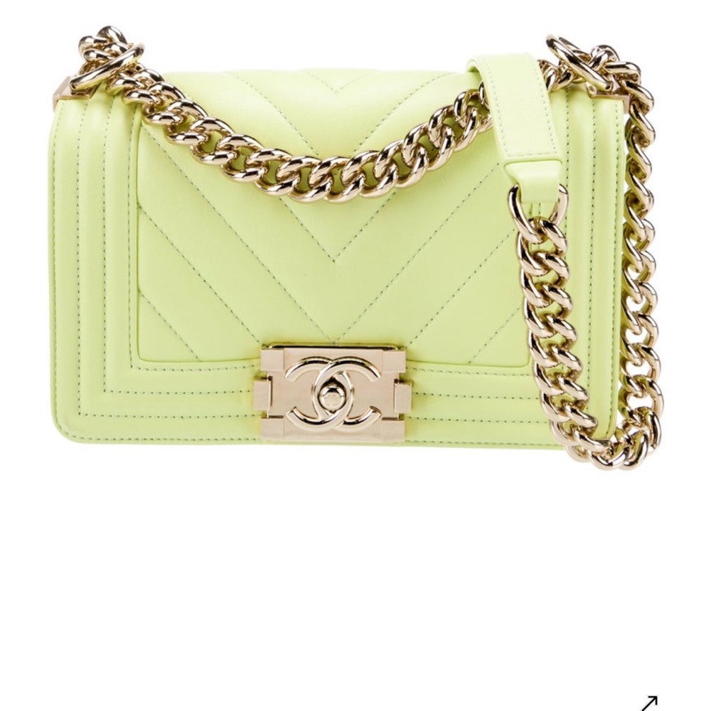 CHANEL Lime Green Boy Chevron Lambskin Shoulder Bag with Gold Chain
